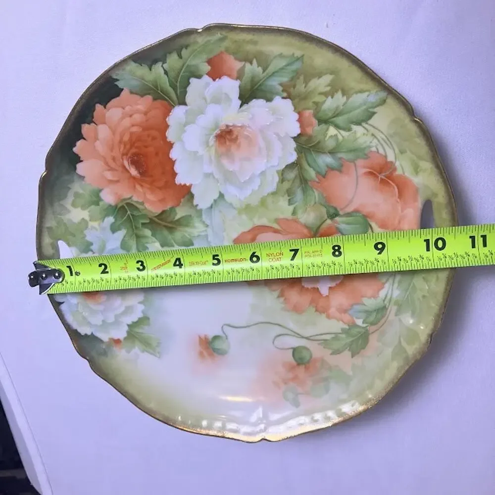 Antique Tirschenreuth Bavaria Porcelain Cake Serving Plate Floral Gold Rim 10.5”